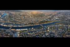 City panorama from the west (across the Rhine), spanning from the Rhine harbor to Parkinsel, between the Kurt-Schumacher-Brücke (B44) and Konrad-Adenauer-Brücke (B37) bridges, viewed from Ludwigshafen in the district Innenstadt in Mannheim in the state Baden-Wuerttemberg, Germany
