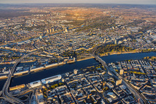 City overview from the west, showing the Rhein-Galerie between the Kurt-Schumacher-Brücke (B44) and Konrad-Adenauer-Brücke (B37) towards Mannheim in the district Mitte in Ludwigshafen in the state Rhineland-Palatinate, Germany