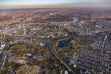 City overview from the west, spanning from the A650 to the Rhine in the district West in Ludwigshafen in the state Rhineland-Palatinate, Germany