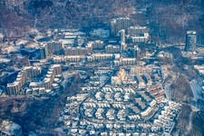 Winter view of Bothestraße from the west with snow in the district Emmertsgrund in Heidelberg in the state Baden-Wuerttemberg, Germany