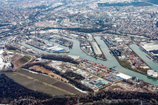Rhine ports in winter with snow in the district Mühlburg in Karlsruhe in the state Baden-Wuerttemberg, Germany
