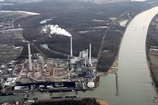 Aerial view of Rhine port steam power plant construction site new coal-fired power plant in the district Daxlanden in Karlsruhe in the state Baden-Wuerttemberg, Germany