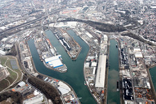 The port Rheinhafen of the city Karlsruhe in the state Baden-Wuerttemberg. The inland harbor provides access to the river Rhine and consists of six basins. It is operated by KVVH, short term for Karlsruher Versorgungs-, Verkehrs- und Hafen GmbH