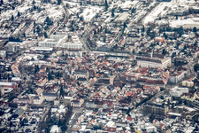 City center from the south in winter with snow in Ettlingen in the state Baden-Wuerttemberg, Germany
