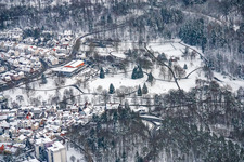 Aerial view of Kurhaus Waldbronn in the snow in the district Reichenbach in Waldbronn in the state Baden-Wuerttemberg, Germany