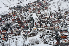 Aerial view of View of the town in winter with snow in the district Obernhausen in Birkenfeld in the state Baden-Wuerttemberg, Germany