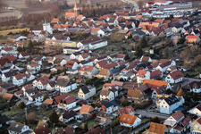Aerial view of View of the town from the southeast in Minfeld in the state Rhineland-Palatinate, Germany