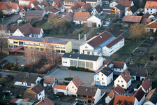 Oblique view of Mundohalle, fire department, sports hall in Minfeld in the state Rhineland-Palatinate, Germany