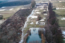 Aerial view of Otterbachtal meadows flooded by meltwater in Minfeld in the state Rhineland-Palatinate, Germany