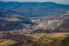 From the southwest in Annweiler am Trifels in the state Rhineland-Palatinate, Germany
