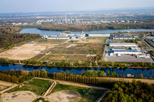 Aerial view of Oberwald industrial area in Wörth am Rhein in the state Rhineland-Palatinate, Germany