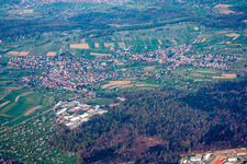 From the south in spring with flowering fruit trees in the district Gräfenhausen in Birkenfeld in the state Baden-Wuerttemberg, Germany