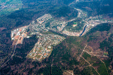 City view in the Enz valley from the southwest with castle Neuenbürg in Neuenbürg in the state Baden-Wuerttemberg, Germany