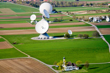 Aerial view of Parabolic satellite dishes Erdfunkstelle Raisting on Hofstaetterweg in Raisting in the state Bavaria