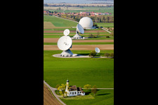Aerial photograpy of Parabolic satellite dishes Erdfunkstelle Raisting on Hofstaetterweg in Raisting in the state Bavaria