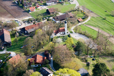 Aerial view of Grave rows on the grounds of the cemetery at the church in Paehl in the state Bavaria