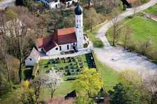 Aerial view of Catholic branch church of St. Pankratius in the district Mitterfischen in Pähl in the state Bavaria, Germany
