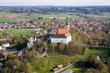 Aerial view of Complex of buildings of the monastery and brewery on Bergstrasse in Andechs in the state Bavaria