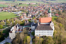 Benedictine monastery Andechs,, church and medieval pilgrimage site in an elevated position, with brewery and beer garden in Andechs in the state Bavaria, Germany