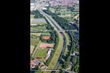 Shore areas of the reinforced by flood protection dam riverbed course of the river Murg in the district Niederbuehl in Rastatt in the state Baden-Wurttemberg, Germany