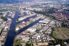 Aerial photograpy of Rhine harbor in the district Mühlburg in Karlsruhe in the state Baden-Wuerttemberg, Germany