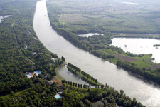 Rhine beach resort Rappenwört in the district Daxlanden in Karlsruhe in the state Baden-Wuerttemberg, Germany viewn from the air