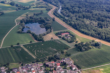 Aerial view of Corn Maze Seehof in Leimersheim in the state Rhineland-Palatinate, Germany