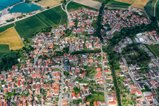 Aerial photograpy of St. Gertrud, Lower Main Street in Leimersheim in the state Rhineland-Palatinate, Germany