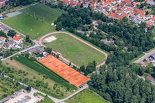 Aerial view of Sports fields in the district Liedolsheim in Dettenheim in the state Baden-Wuerttemberg, Germany