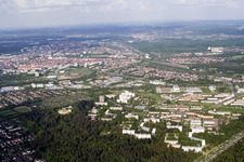 From the west in the district Oberreut in Karlsruhe in the state Baden-Wuerttemberg, Germany
