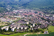Aerial view of Town View of the streets and houses of the residential areas in Ettlingen in the state Baden-Wurttemberg