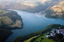 Aerial view of Riparian areas along the river mouth of Dart river in Dartmouth in England, United Kingdom