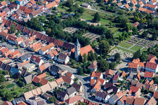 Aerial photograpy of Church building in the village of in the district Liedolsheim in Dettenheim in the state Baden-Wurttemberg, Germany