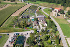 Aerial view of Glass roof surfaces in the greenhouse rows for Floriculture in the district Bodersweier in Kehl in the state Baden-Wurttemberg
