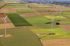 Aerial view of Wind turbines of the wind farm Minfeld in Minfeld in the state Rhineland-Palatinate, Germany