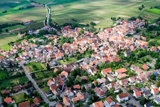 Village - view on the edge of agricultural fields and farmland in Impflingen in the state Rhineland-Palatinate from above