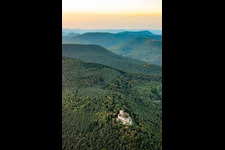 Aerial view of Landeck Castle at sunset in Klingenmünster in the state Rhineland-Palatinate, Germany
