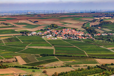 View of the town from the south below the wind farm in Hangen-Weisheim in the state Rhineland-Palatinate, Germany