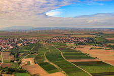View of the town from the east, below the wind farm in Eppelsheim in the state Rhineland-Palatinate, Germany