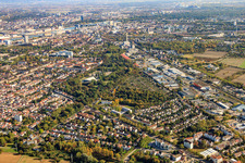 Ebertpark and industrial area from the northwest in the district Friesenheim in Ludwigshafen am Rhein in the state Rhineland-Palatinate, Germany