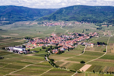 Aerial view of Village - view on the edge of agricultural fields and farmland in Rhodt in the state Rhineland-Palatinate