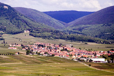 View of the town from the southeast below Rietburg and in front of Villa Ludwigshöhe in Rhodt unter Rietburg in the state Rhineland-Palatinate, Germany