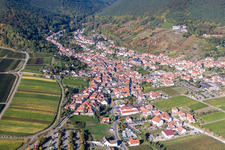 Aerial view of Village - view on the edge of agricultural fields and farmland in Sankt Martin in the state Rhineland-Palatinate, Germany