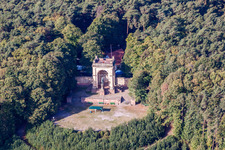 Tourist attraction of the historic monument Sieges- and Friedensdenkmal in Edenkoben in the state Rhineland-Palatinate, Germany seen from above