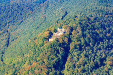 Aerial photograpy of Ruins and remains of the walls of the former castle and fortress Rietburg in Rhodt unter Rietburg in the state Rhineland-Palatinate, Germany