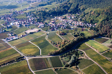 Wine-growing village on the edge of the Haardt from the north in Burrweiler in the state Rhineland-Palatinate, Germany