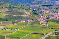 Wine-growing village on the edge of the Haardt from the south in Burrweiler in the state Rhineland-Palatinate, Germany