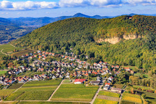 Aerial view of Village view under the limestone cliffs in Frankweiler in the state Rhineland-Palatinate, Germany
