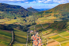 Aerial view of Trifels behind a wine-growing village between vineyards from the east in Ranschbach in the state Rhineland-Palatinate, Germany