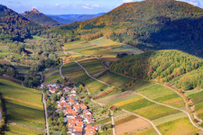 Aerial photograpy of Trifels behind a wine-growing village between vineyards from the east in Ranschbach in the state Rhineland-Palatinate, Germany
